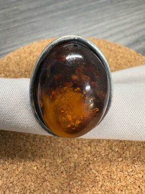 Large Amber Oval Stone Sterling Ring - Deep Cognac Honey Hues